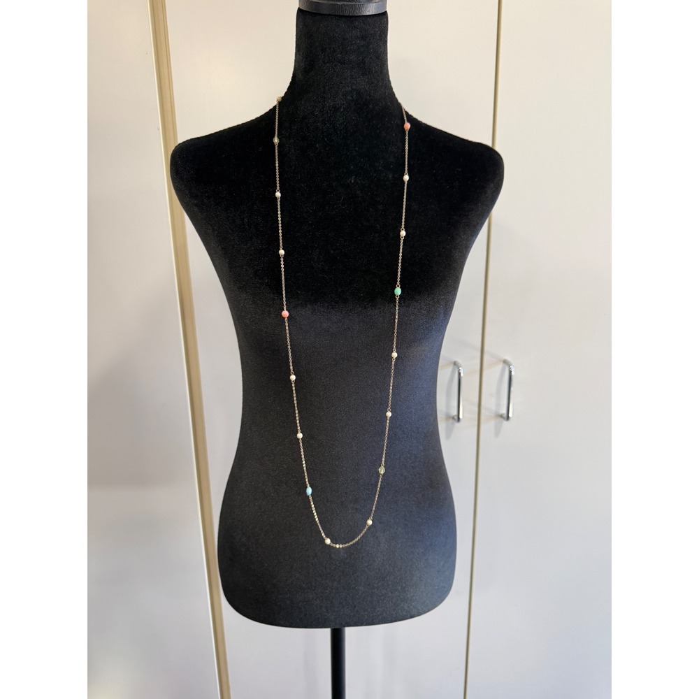 Vintage Gold Tone Long Necklace Multi Color Pastel Beads Faux Pearl 36 Inch